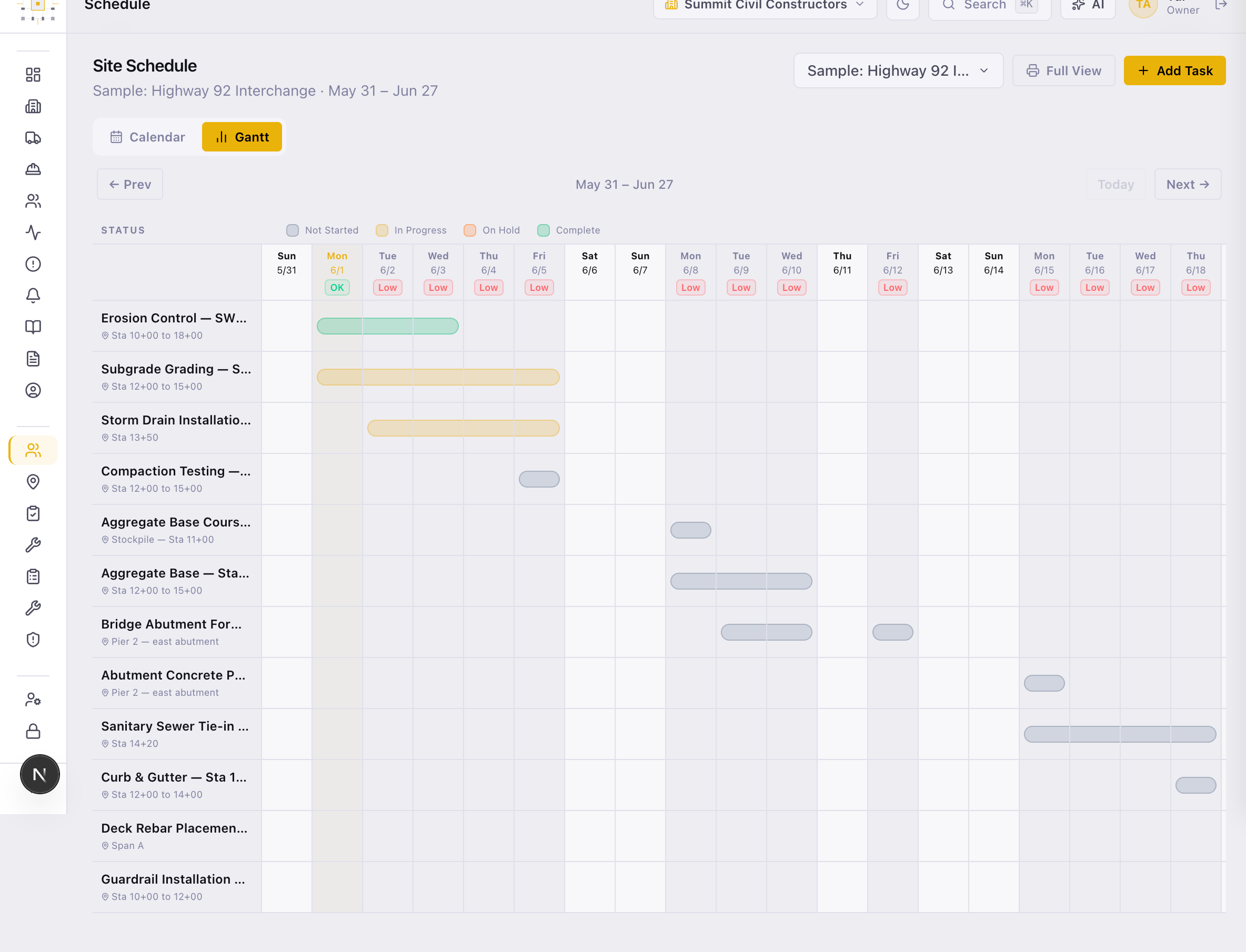 Field scheduling — a scrollable Gantt of site tasks across the look-ahead window