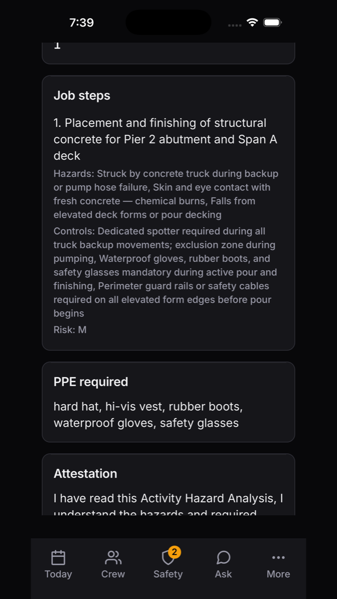 An Activity Hazard Analysis on the phone — job steps, hazards, controls, required PPE, and the attestation to sign