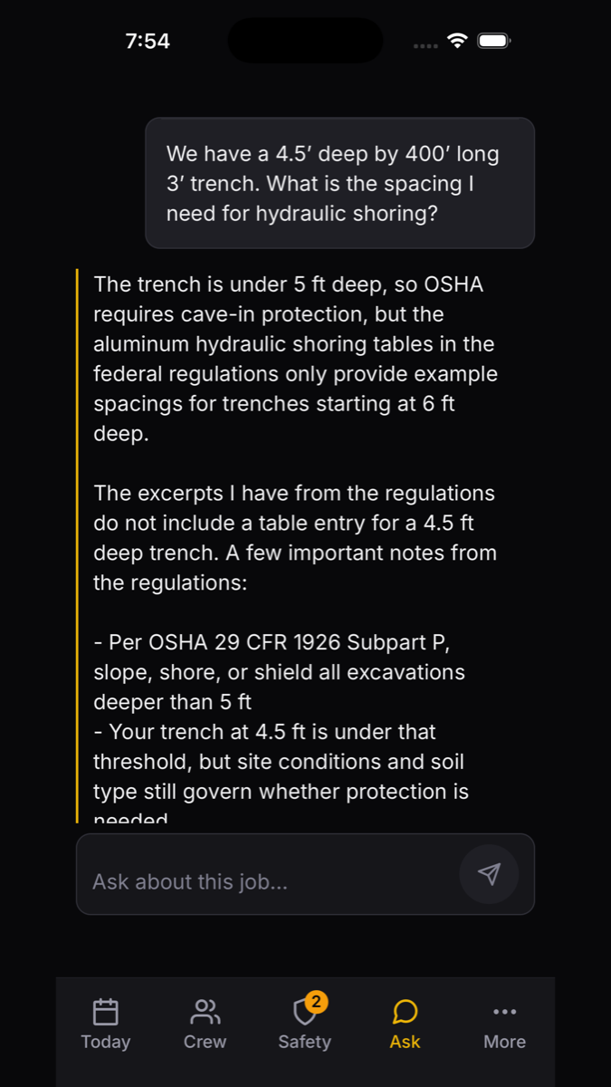 Asking the project assistant about hydraulic shoring spacing and getting an answer grounded in 29 CFR 1926 Subpart P